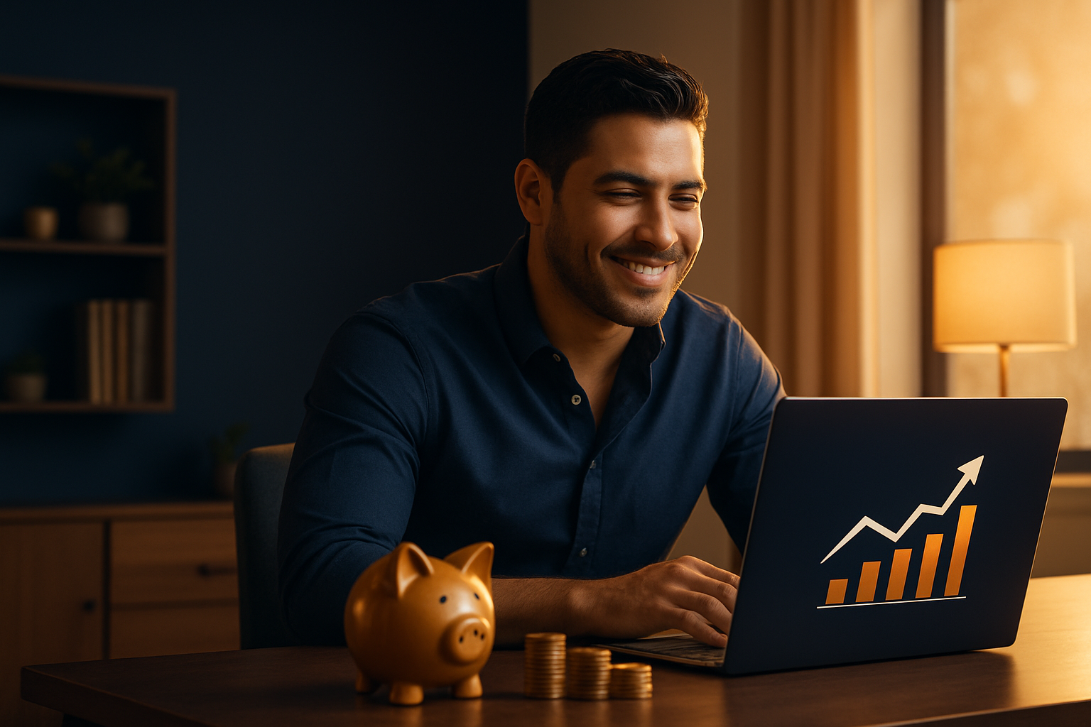 Hombre alcanzando libertad financiera revisando sus inversiones